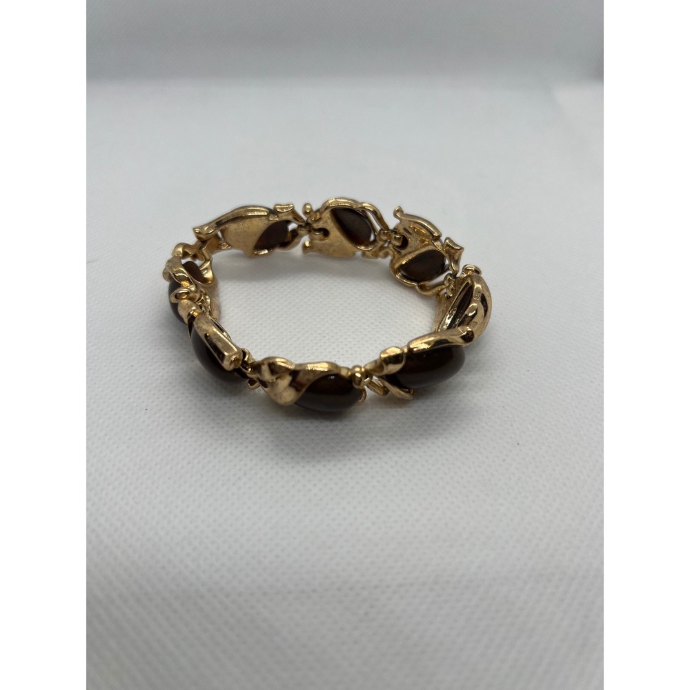 Vintage‎ Gold Tone Brown Cabochon Link Bracelet Statement Jewelry